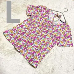 【日本製】バックリボン 花柄カットソー 13号 L相当 総柄 ニュアンスカラー