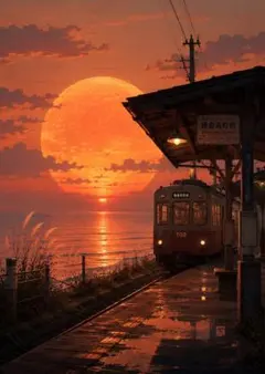 【イラスト】鎌倉高校前と夕日 アートポスター