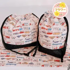 【ラスト】線描き乗り物柄 生成り（お弁当袋コップ袋ランチョンマット25×35）