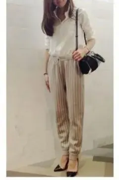 グーコミューン　ストライプリブパンツ　グレー