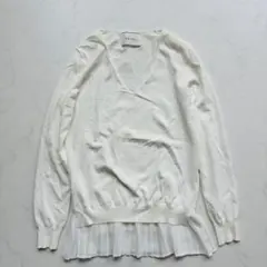 BEIGE, 薄手 ニット プリーツ切替 Vネック 白 4（F641）