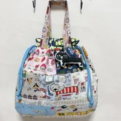 チューリップ型 巾着トートバッグ ねこ生地パッチワーク 3way レモン猫