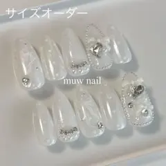 no.6ネイルチップ　フレンチガーリー　白　ハート　ビジュー　リボン　韓国