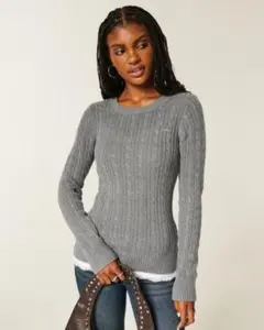 Hollister ケーブルニット アイコンクルーネックセーター グレーXS薄手
