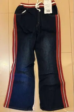 新品未使用デニム・ベージュ裏表２色 赤ストライプ130サイズ 長ズボン パンツ