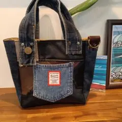 ハンドメイド　デニムリメイク　レザー　トートバッグ