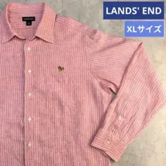 LANDS'END リネン100% 犬刺繍 BDシャツ XL ストライプ レッド