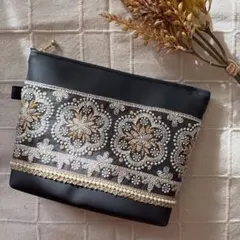 no.127 インド刺繍リボン　大きめポーチ　ポーチ　マチありポーチ