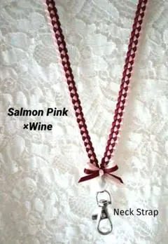 リボンレイ　✿パステルピンク×ワイン　コットンパール　♦ネックストラップ❤️