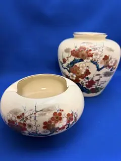 【応接揃】梅の花柄花瓶・灰皿セット 木箱入り