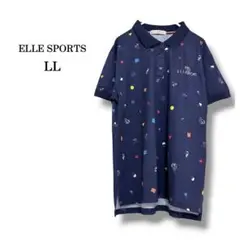 【ELLE SPORTS】総柄半袖ポロシャツ　ポップ　ゴルフ　ネイビー　LL