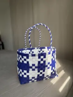 【受注生産】青と白のチェック柄かごバッグ
