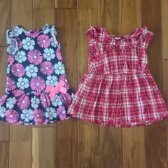 【柄物ワンピース2点セット】女の子　チェック90サイズ　花柄18М