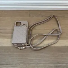 ピンク　ベージュ キルティング iPhone13ケース　ショルダー