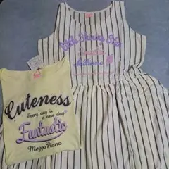 裾フリルストライプ柄キャミワンピース&サイド裾リボン付きデザインTシャツセット