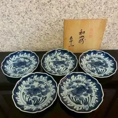 未使用 希少 有田焼 深川製磁 百年庵 川に桃 八方割小皿揃 ５客セット共箱 未使用 希少 有田焼 深川製磁 百年庵 川に桃 八方割小皿揃 5客セット