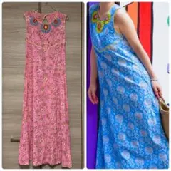 ブロックプリント ノースリーブ ワンピース ビーズ刺繍 ピンク 花柄