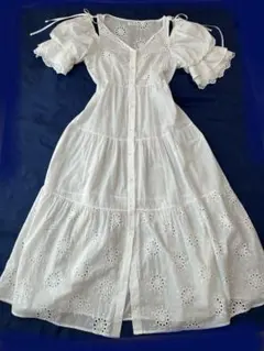 NICE CLAUP レースパフスリーブロングワンピース