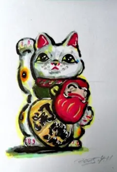 花招き猫　絵画　イラスト　ドローイング 招き猫 絵画 イラスト ドローイング - メルカリ