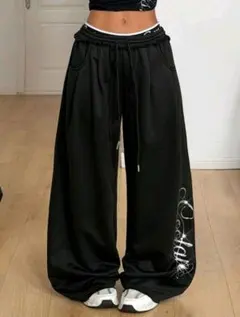♡即購入可♡ ブラック ワイドレッグ スウェットパンツ ズボン Y2K ダンス