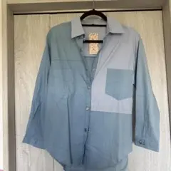 長袖パッチワークシャツ 青系