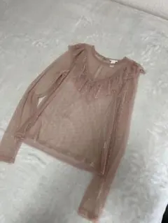 フリル付きメッシュTシャツ M ピンク