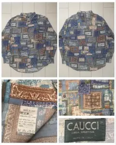 美品 90s イタリア製 caucci アート 総柄 シャツ レーヨン XL 青のサムネイル