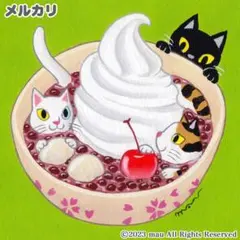 原画「三匹の猫とクリームぜんざい」猫/和菓子/白玉団子/イラスト/アート/絵画