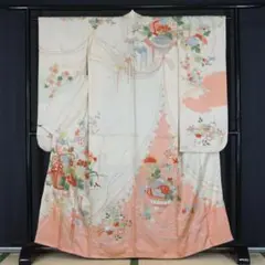 あ*お様 黄みがかった白　花籠　正絹振袖　成人式　155cm　a685