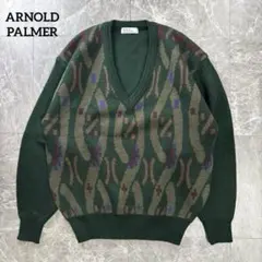 アーノルドパーマー 総柄ニット Vネック グリーン M メンズ 90s古着のサムネイル