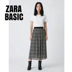 ZARA BASIC チェック柄ロングスカート　ゴム　グレー