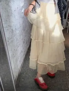 SHEIN⭐︎試着のみクリーム色 シフォン フレアスカート ティアード