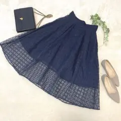 FRAY I.D スカート　オーガンジー　チュール　Aライン　ネイビー　刺繍　Sのサムネイル