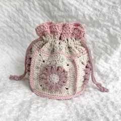 【ハンドメイド】編み物☆かぎ編み☆お花モチーフ巾着ポーチ☆ピンク
