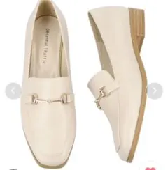 ビットモチーフスクエアトゥローファー ベージュ 白 ホワイト ゴールド