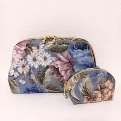 ワイヤーポーチセット(ゴブラン織り風薔薇柄)ブルー