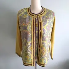 イエロー模様入りアンサンブル 長袖カーディガン　半袖トップス　アンサンブル