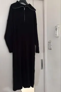 ジップアップリブ編みロングワンピース M
