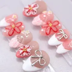 286ネイルチップSサイズ 韓国ガーリー フレンチ 立体フラワー　リボン　ピンク