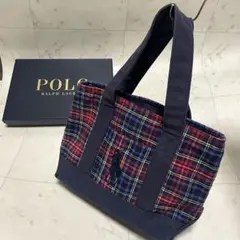美品　ポロ　ラルフローレン トートバッグ キャンバス ビッグポニー チェック 紺