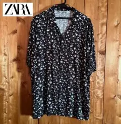 ZARA 総柄 オープンカラーシャツ 半袖 ブラック ホワイト Lサイズのサムネイル