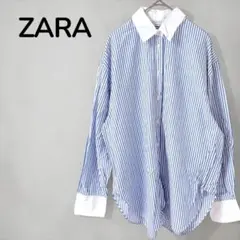 【ザラZARA】レディース　ストライプシャツ　ブラウス　長袖　襟付き　ブルー