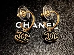 正規品 シャネル ココマーク フープピアス黒