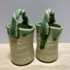 E-5 陶器 ミニ花瓶 花瓶 一輪挿し 手桶風 ペア 緑 織部焼風 2個セット