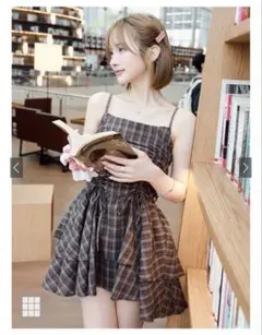 ブラウン チェック柄 フリルミニワンピース