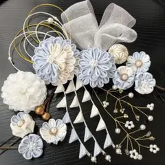 BS18 つまみ細工の髪飾り-あお- 成人式　卒業式　七五三