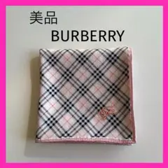 極美品❗️BURBERRYチェック柄ハンカチ ホースマーク刺繍　ピンク縁取り