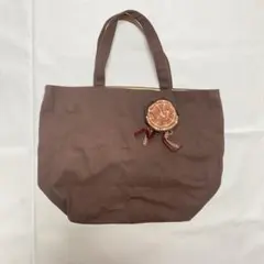 ブラウン トートバッグ 花モチーフ 茶×緑