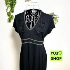 エスプリミュール 半袖ひざ丈ワンピース L 細身 ブラック ドレス