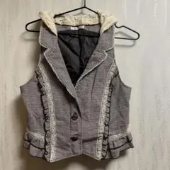 axes femme 千鳥格子柄 レース フリル ベスト ジレ ブラウン
